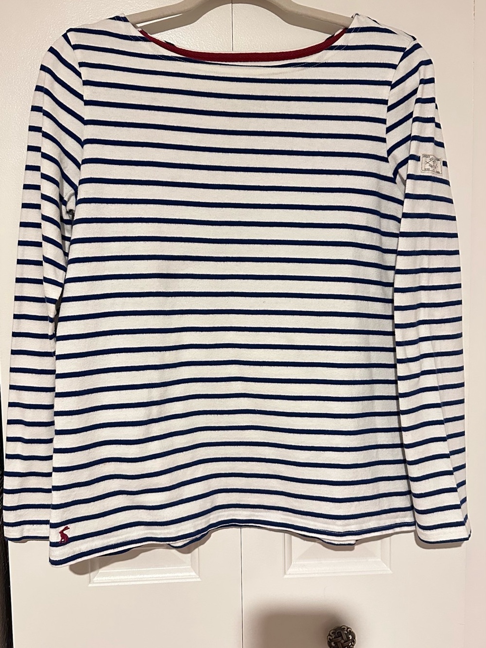 Joules Navy & White Striped boat neck Long-Sleeve Top with Red Trim